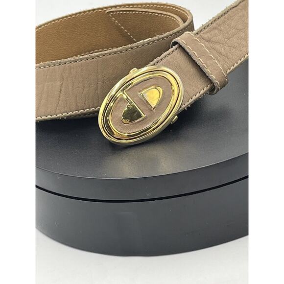 Christian Dior Tan Leather Belt Gold Tone Enamel Logo Buckle Sz Sm 30” - Picture 2 of 16